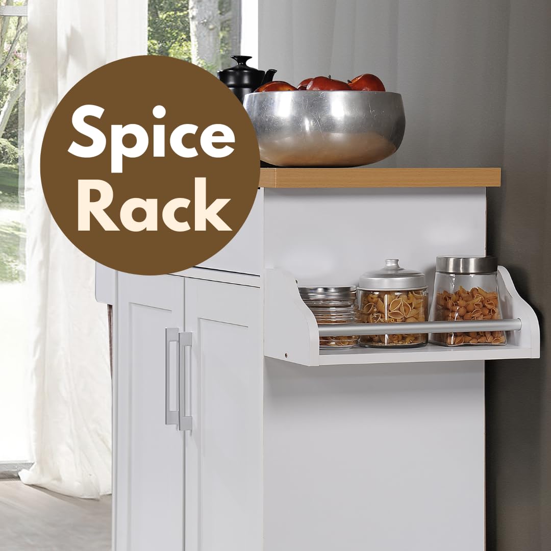 Hodedah Kitchen Island with Spice Rack, Towel Rack & Drawer, White with Beech Top, 15.5 x 35.5-44.9 x 35.2 inches Hodedah