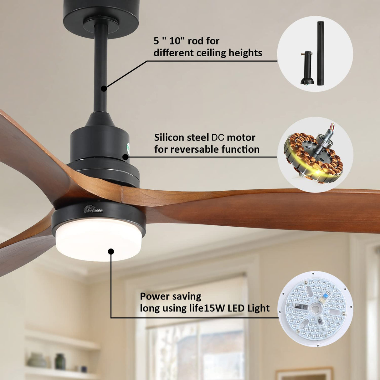 Sofucor 52 Inch Ceiling Fan With Lights Remote Control 3 Wood Fan Blade Ceiling Fans Noiseless DC Motor Solid Walnut and Matte Black For Farmhouse Modern Style Sofucor
