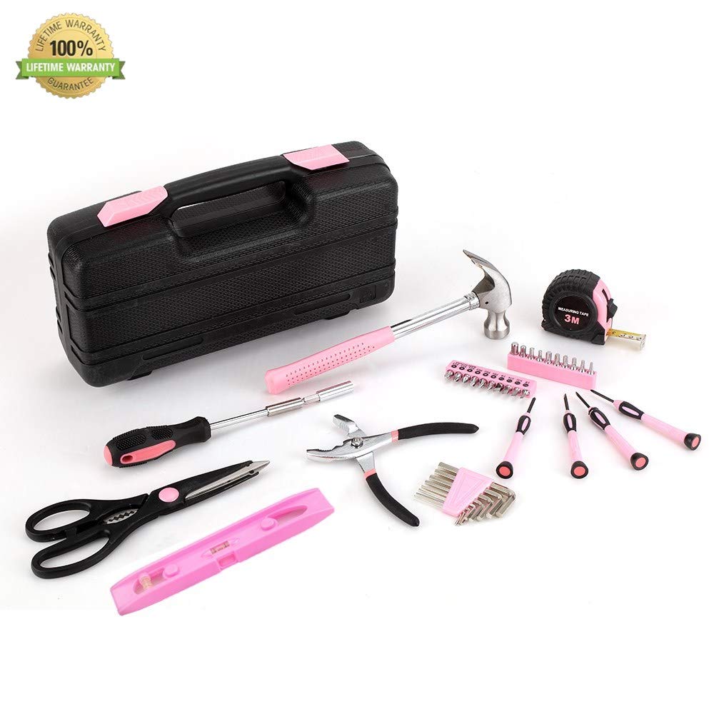 39-Piece General Tool Set-Essential Household Hand Tool Kit with Portable Toolbox Storage Case(Pink—Level Ruler)) KOFOT