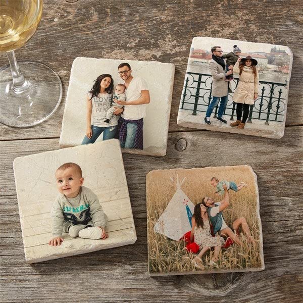 Personalization Universe Photo Personalized Tumbled Stone Coaster Set, Marble Wood Coasters for Drinks, Set with Full Cork Backing, Set of 4, 4" x 4" Size, Wedding, Housewarming Ideas Personalization Universe