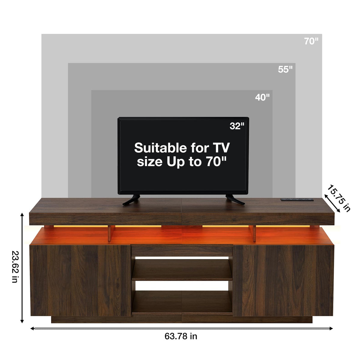 HOMMPA LED TV Stand with Power Outlets for up to 70" TV Modern Entertainment Center with Storage, Gaming TV Consoles with LED Lights Game Cabinet for Living Room Walnut HOMMPA
