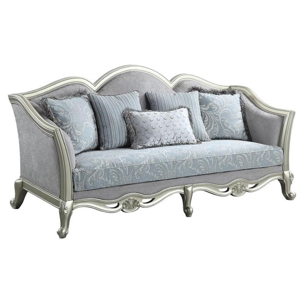 Acme Qunsia Sofa with 5 Pillows in Light Gray Fabric and Champagne Acme