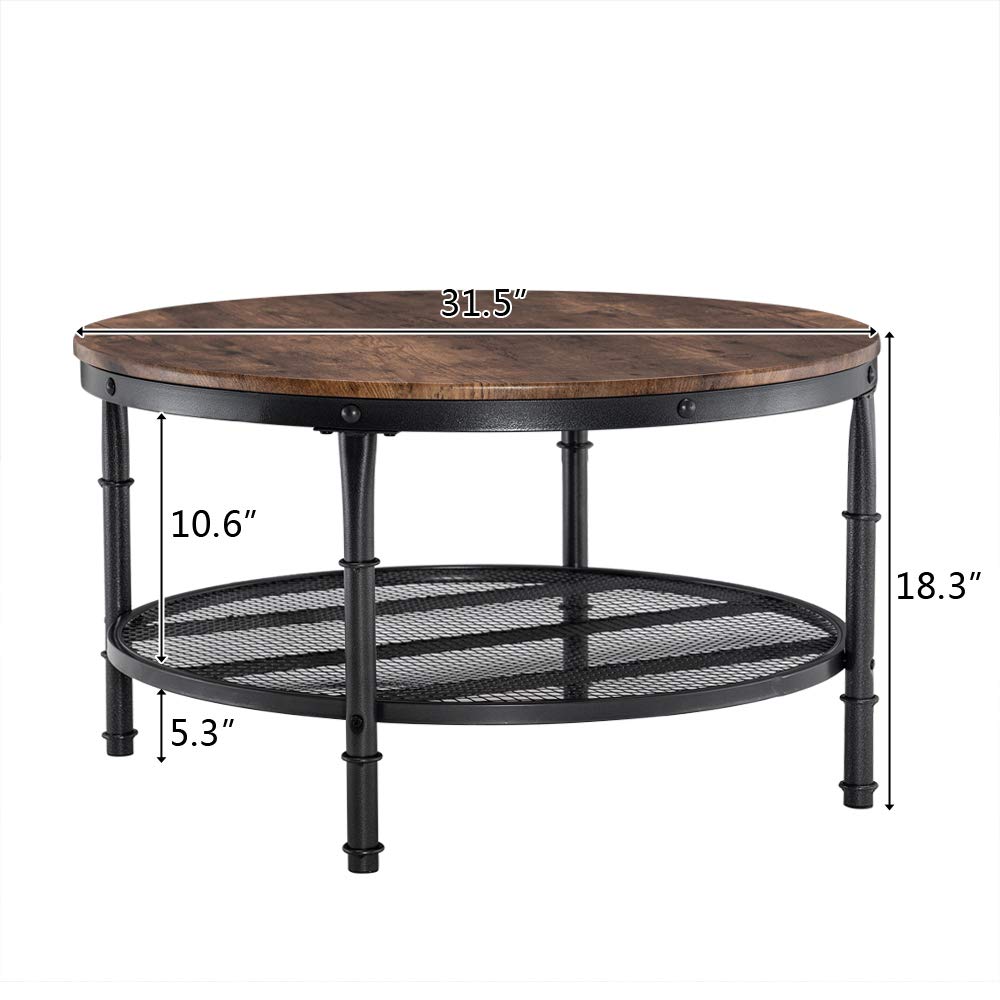 VINGLI Round Coffee Table with Storage - 31.5" Rustic Farmhouse Design, Industrial Style with Metal Shelf VINGLI