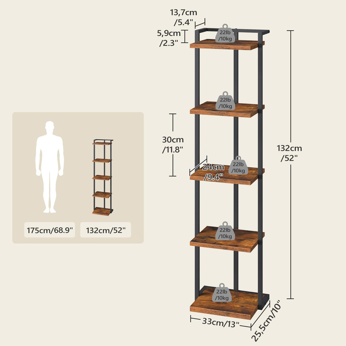 MAHANCRIS Bookshelf, 5-Tier Bookcase, Vertical Tall Narrow Book Shelf for Small Space, Open Storage Display Shelf with Stable Base & Anti-Tip Kits, for Living Room, Study, Rustic Brown BKHR11501 MAHANCRIS