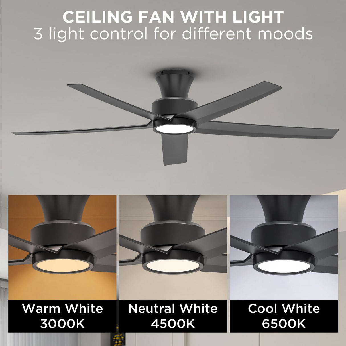 ocioc 52 inch Ceiling Fans with Lights, Large Air Volume Ceiling Fans with Reversible Quiet DC Motor and Remote(Black) ocioc