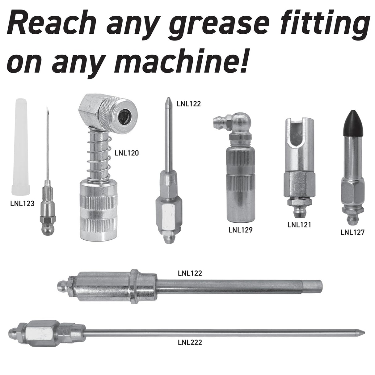 LockNLube 8-Piece Quick Connect Greasing Accessory Kit. Complete grease fitting connection kit. Reach any grease fitting on any machine. The rip-stop case keeps tools clean and portable. LockNLube