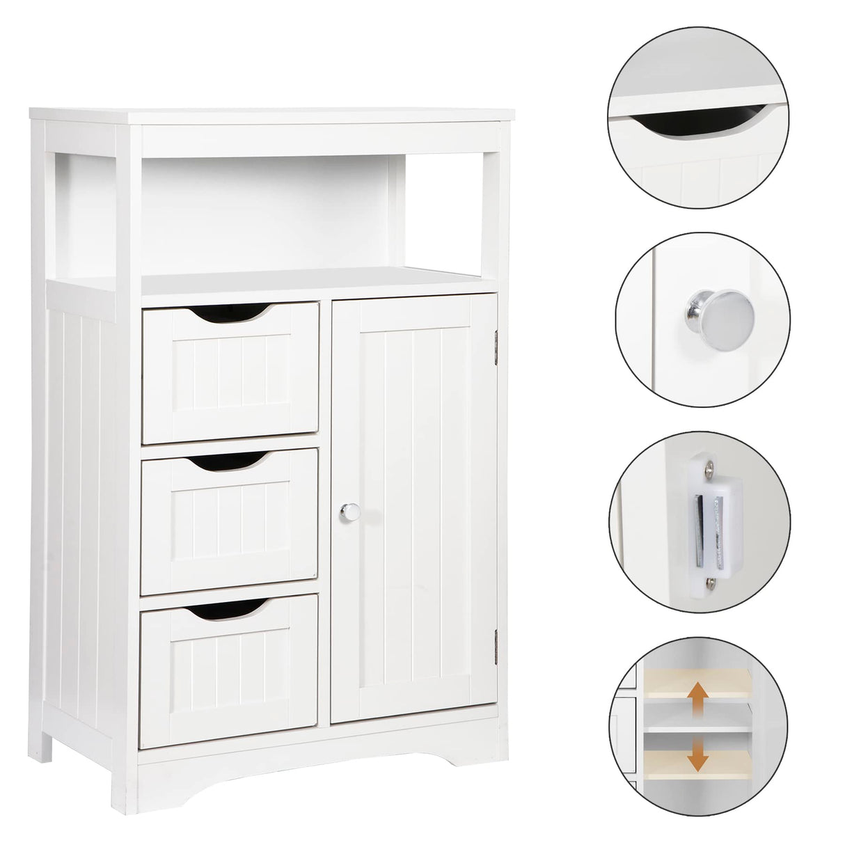 ZENY Modern White Wooden Bathroom Floor Cabinet with Adjustable Shelves and 3 Drawers ZENY