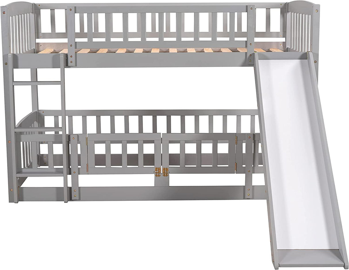 Harper & Bright Designs Low Bunk Beds Twin Over Twin, Kids Bunk Bed with Slide, Fence and Ladder, Wood Twin Bunk Beds for Girls Boys, Grey Harper & Bright Designs