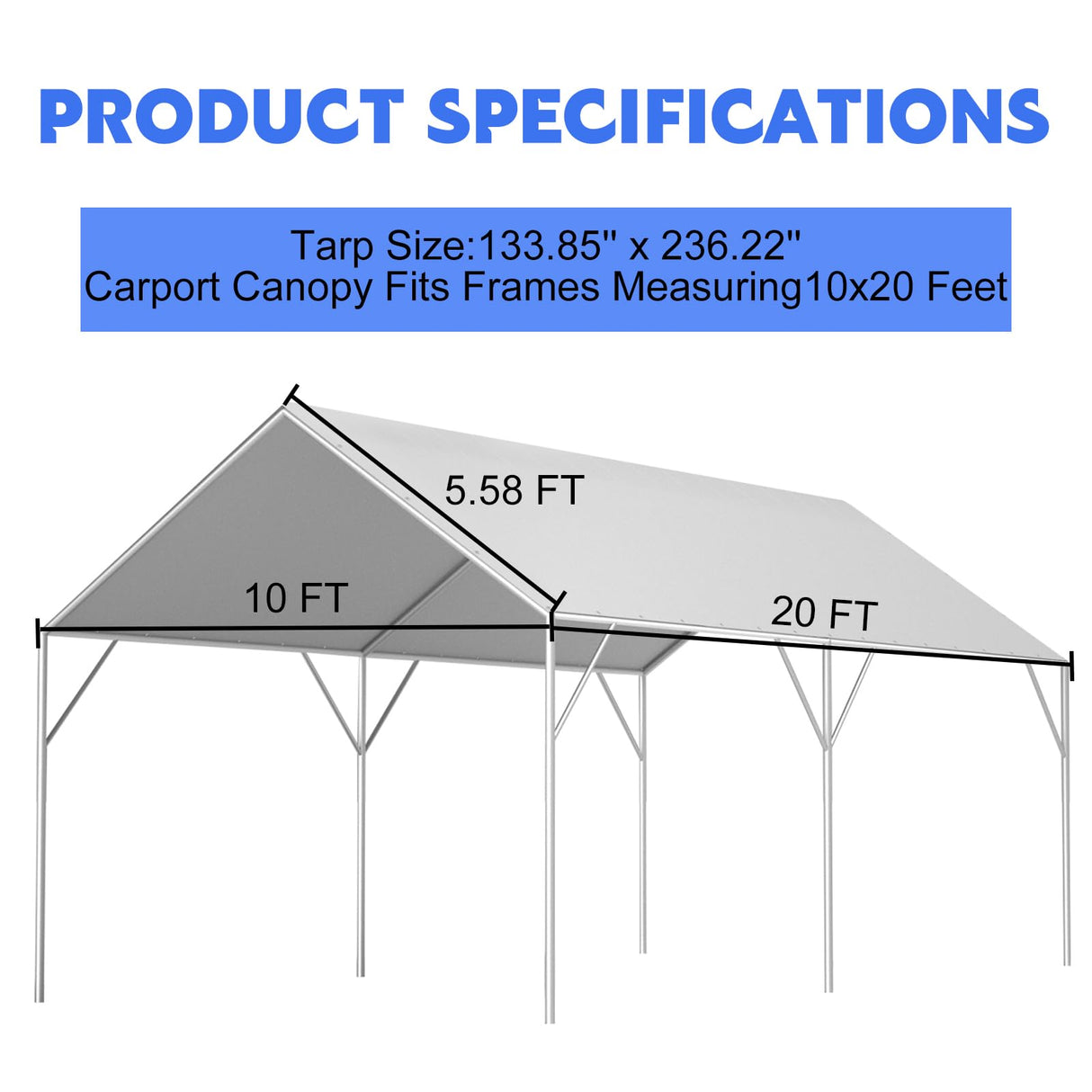 Canopy Replacement Cover for 10' x 20' Carport Frame, 200G Heavy Duty Replacement Top Cover for Car Garage, Waterproof & UV Protected Tarp with 48 Ball Bungees (Only Cover, Frame Not Included), White Fetuero
