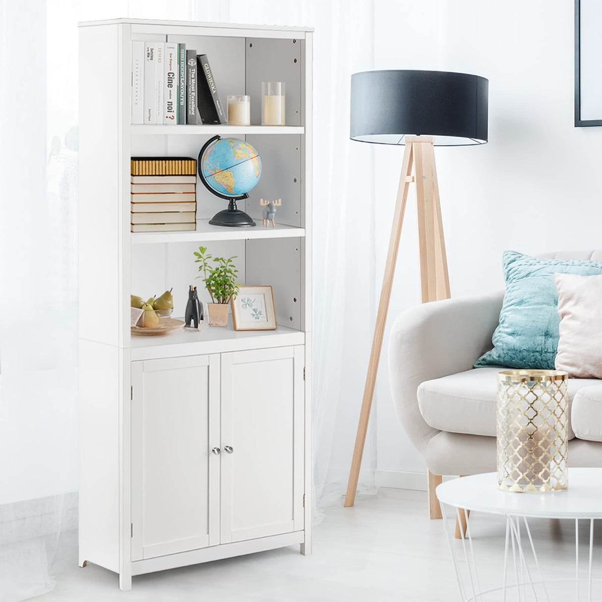 Tangkula 3-Tier White Bookcase with Double Doors for Elegant Storage Solutions Tangkula