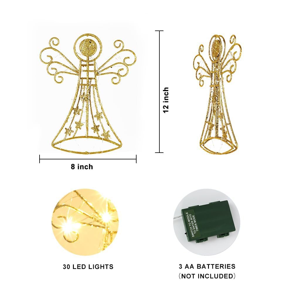 hogardeck Christmas Tree Topper, Glittered Gold Angel Tree Topper for Christmas Treetop, 30 LED Timer Sparkling Tree Toppers for Christmas Tree Decorations hogardeck