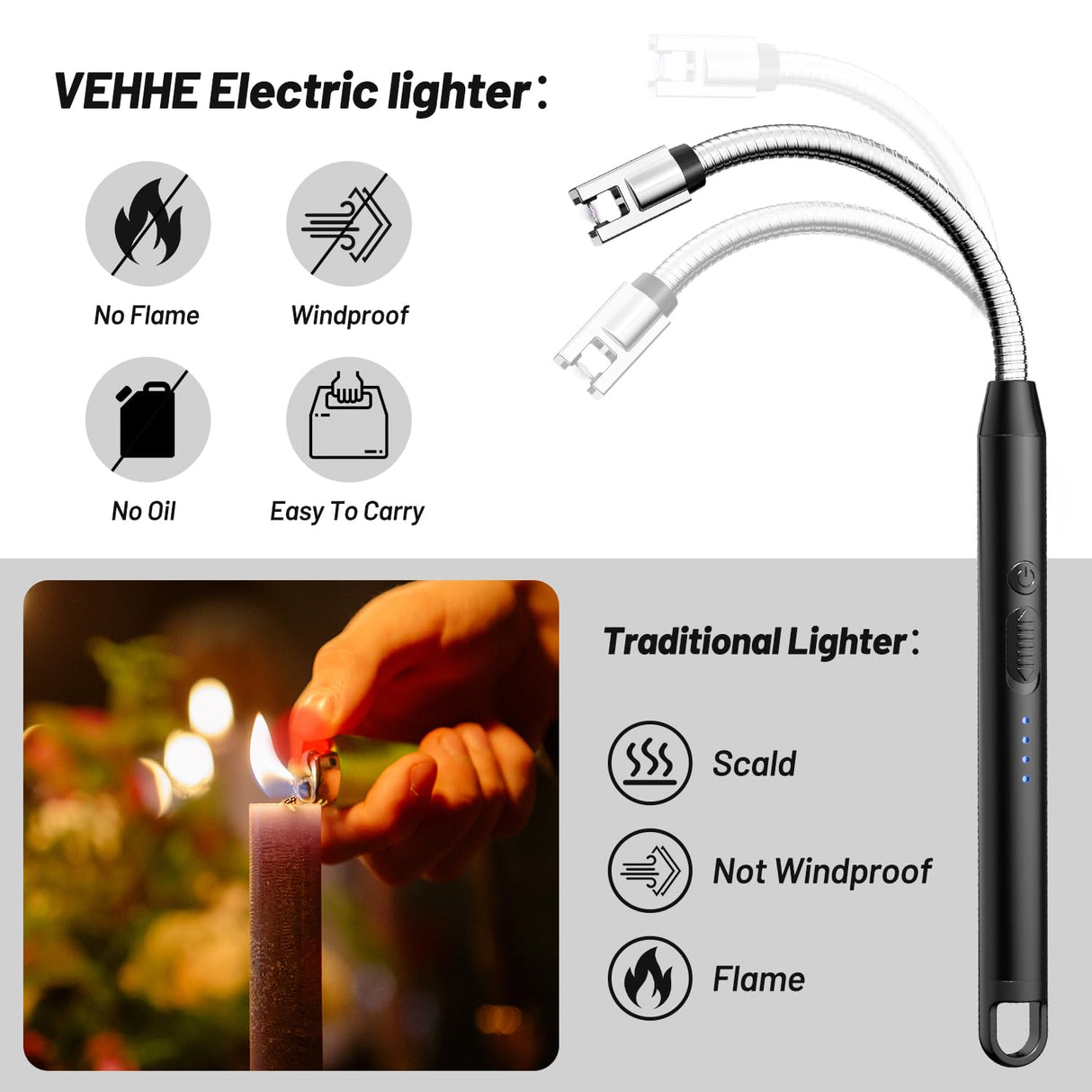 VEHHE Electric Lighter with 360° Flexible Neck, Flameless Windproof Long Candle Lighter with Led Battery Display, USB C Rechargeable Lighter with Hanging Hook for Gifts BBQ Fireworks (Black) VEHHE