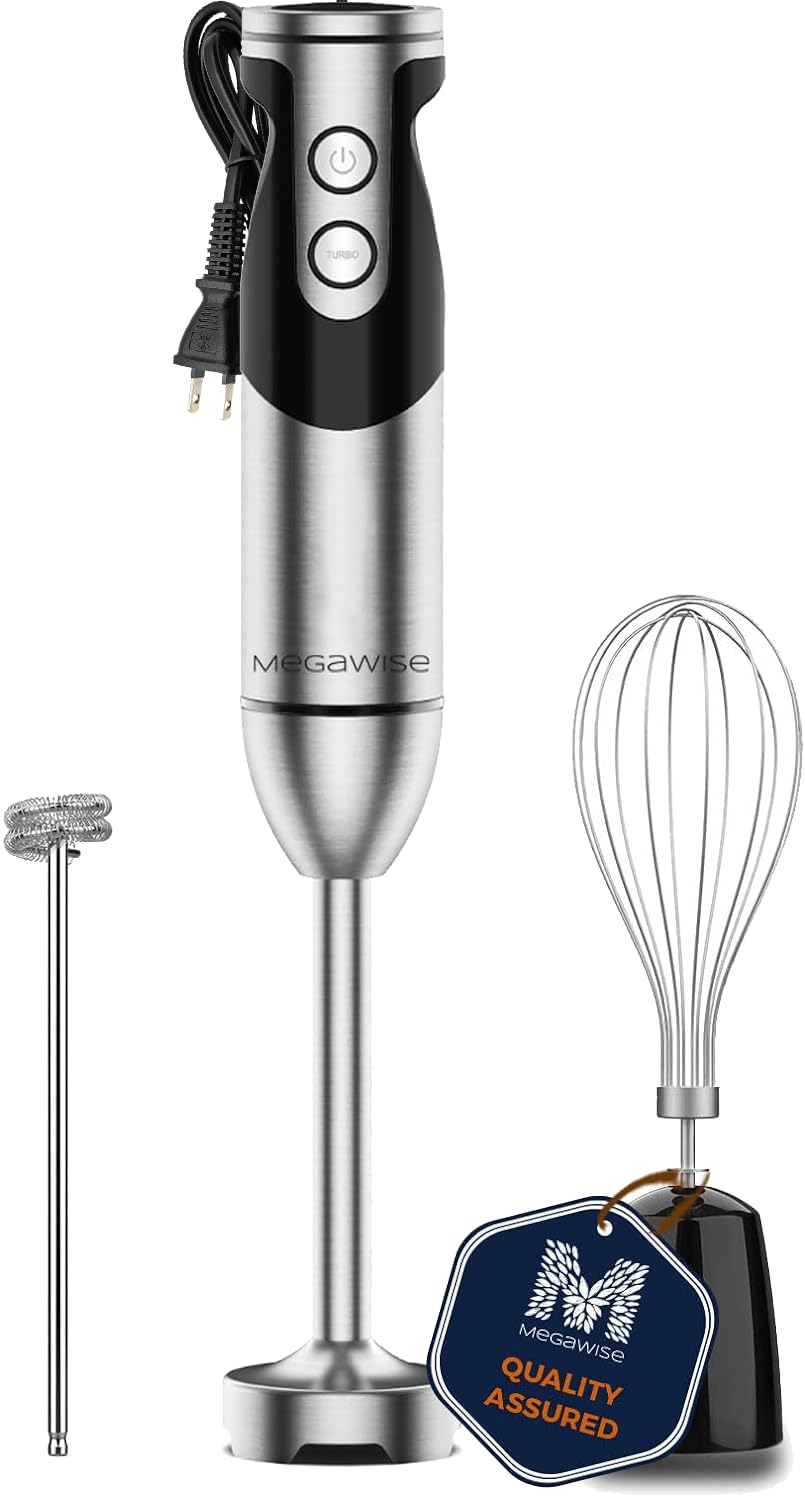 MegaWise Pro Titanium Reinforced 3-in-1 Immersion Hand Blender, Powerful Copper Motor with 80% Sharper Blades, 12-Speed Corded Blender, Including Dish Washer Safe Whisk and Milk Frother MEGAWISE