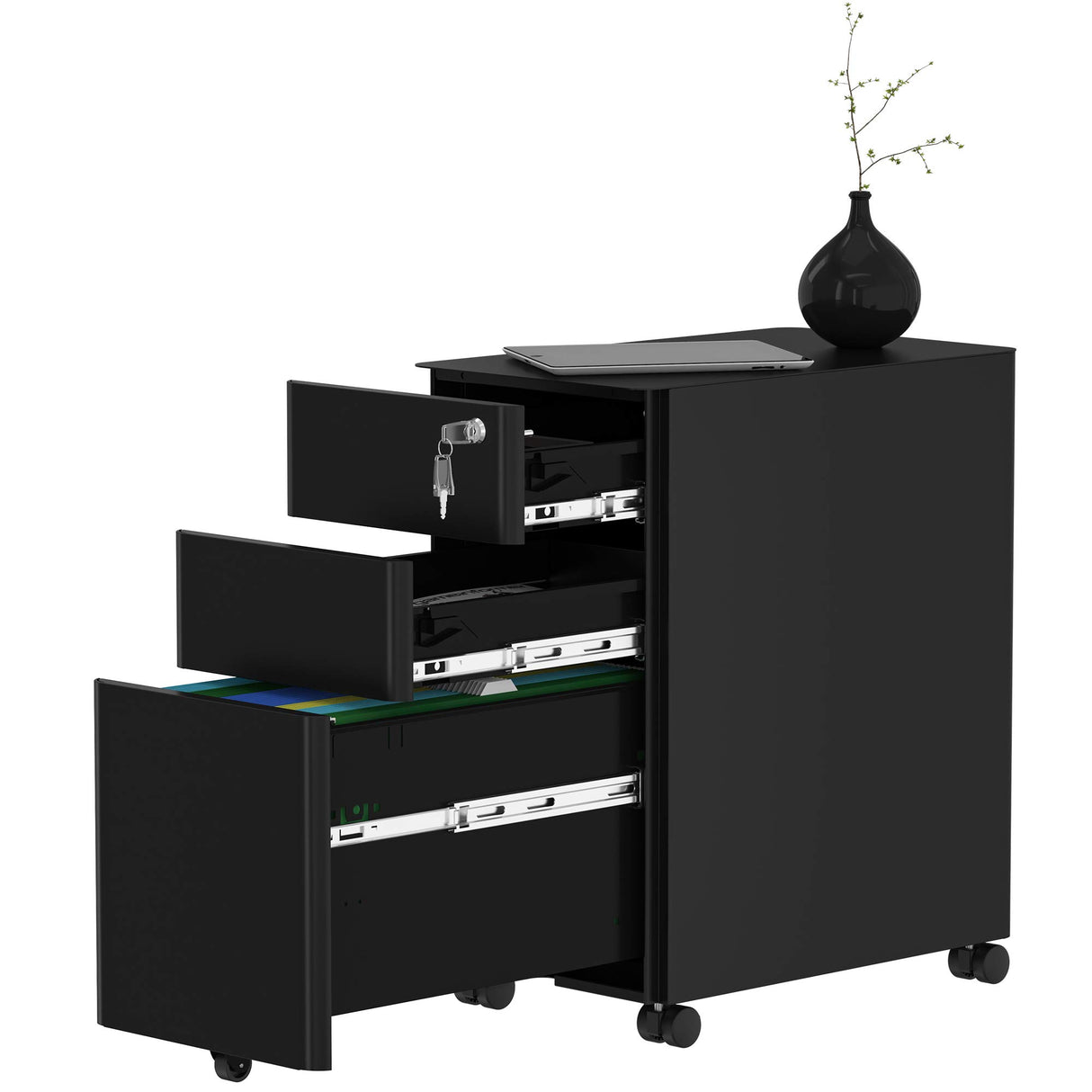 YITAHOME 3-Drawer Slim File Cabinet with Lock, Mobile Metal Office Storage Filing Cabinet, Legal/Letter Size, Pre-Assembled File Cabinet Except Wheels Under Desk - Black YITAHOME