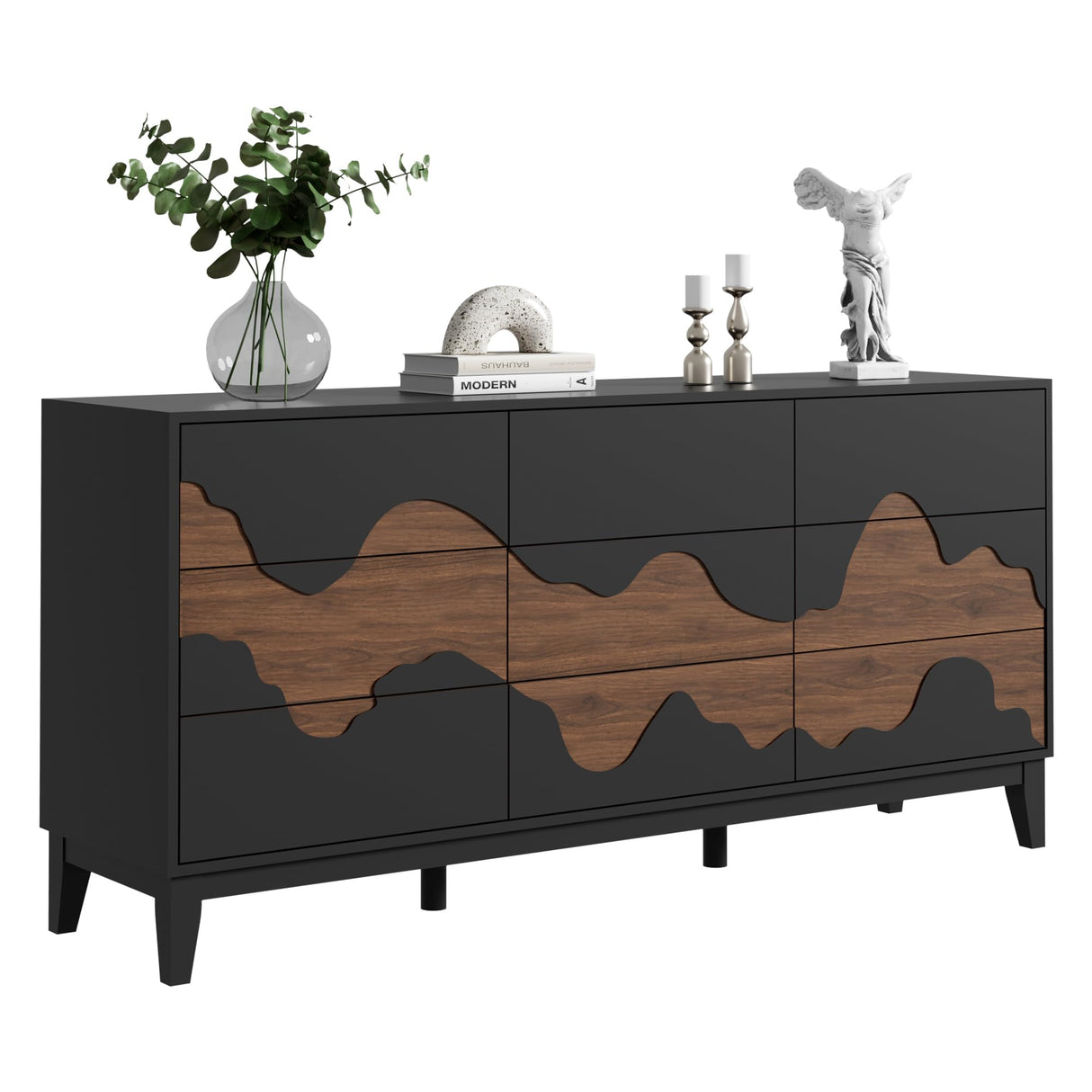 Anbuy Modern 9 Drawer Dresser 63'' for Bedroom with Brown Water Stream Patterns Design - Versatile Storage Solution for Bedroom, Porch (Black and Brown) Anbuy