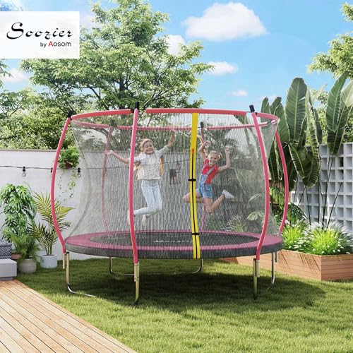 Soozier 10ft Trampoline Outdoor, Recreational Trampoline with Net Enclosure, Curved Poles and Safety Spring Cover for Kid Adults, ASTM Approved, Pink Soozier
