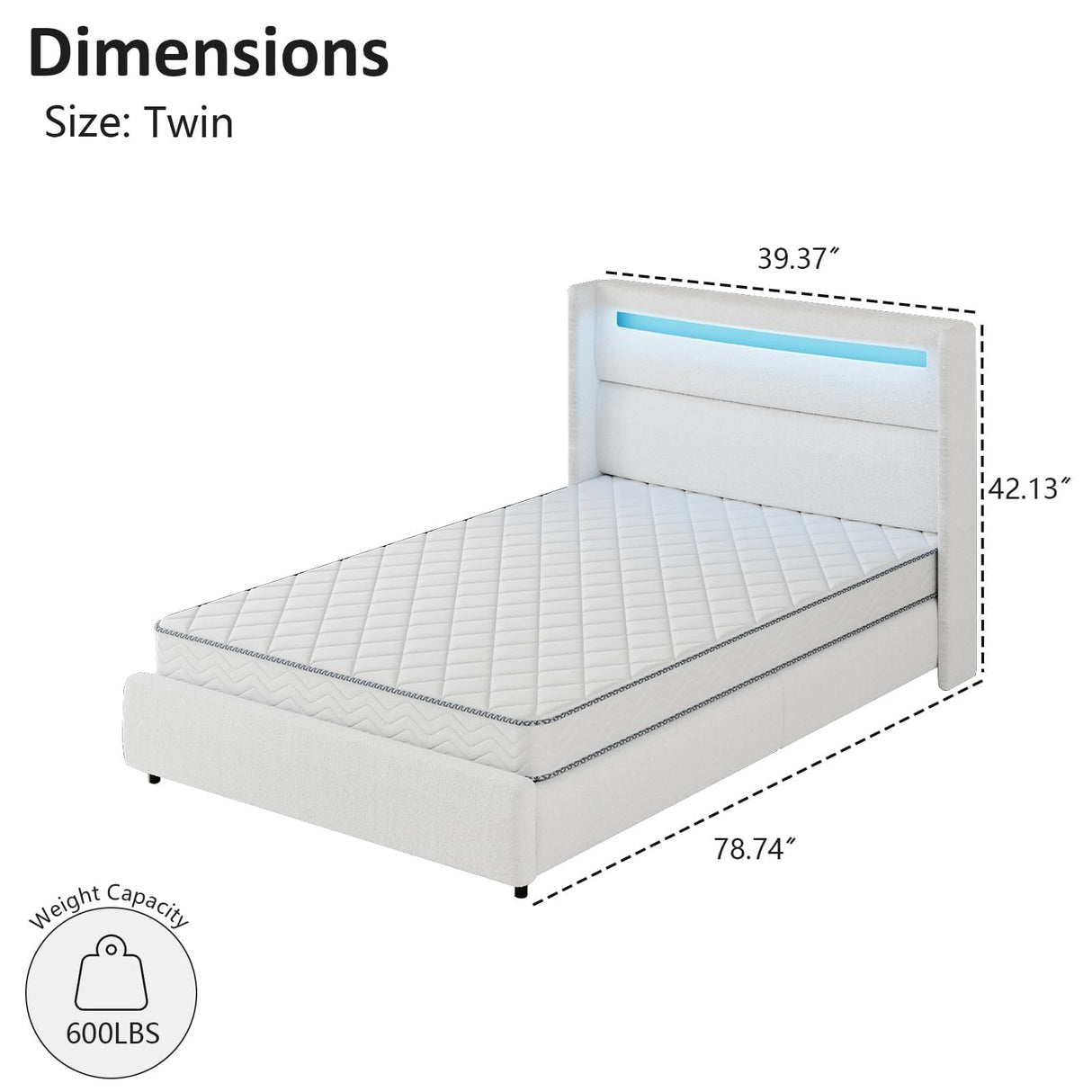 HOMBCK Twin Size Bed Frames with Headboard and LED Lights, Boucle Upholstered Platform Bed with Wingback Design, Modern Soft Bed Frame, No Box Spring Needed, Easy Assembly, White HOMBCK