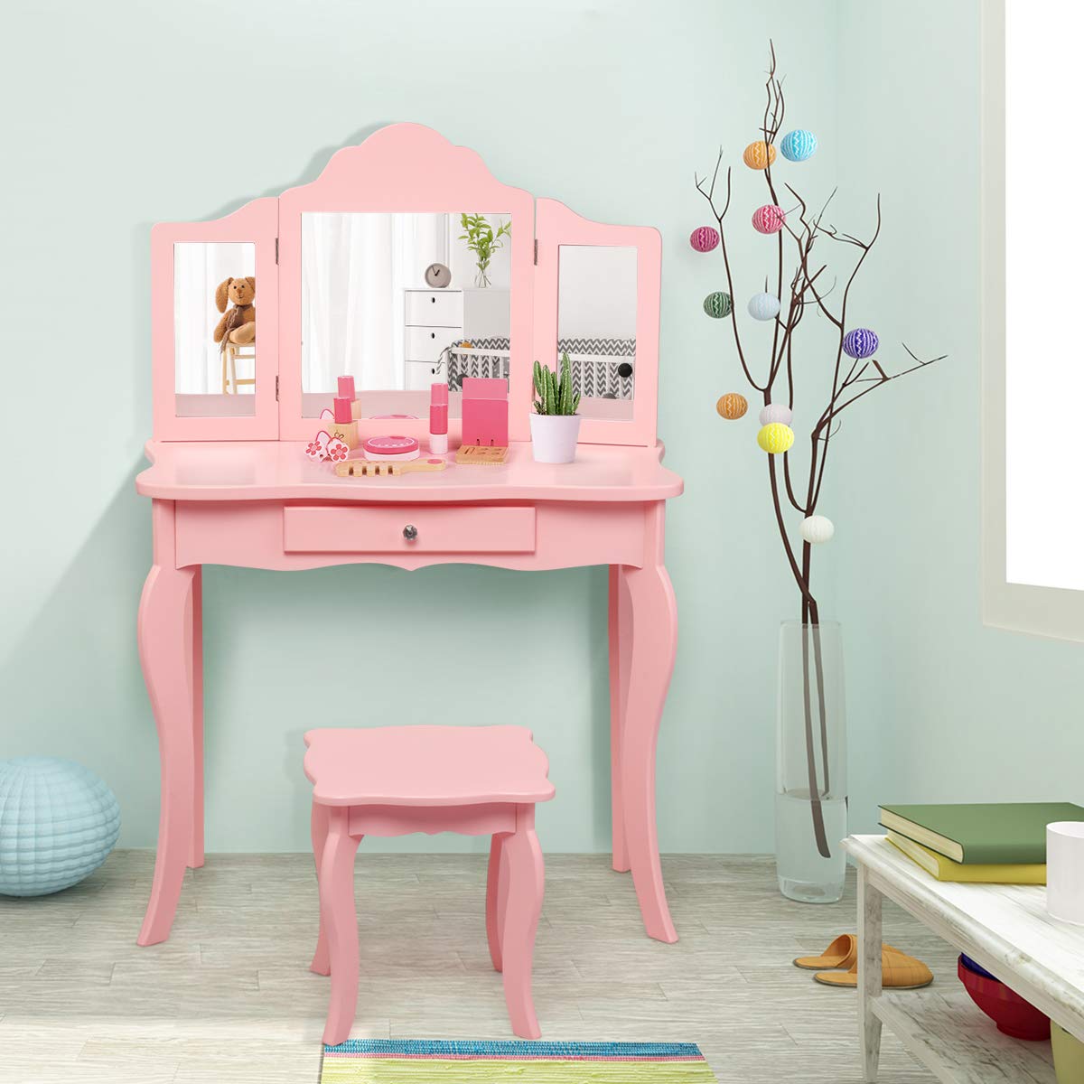 Costzon Kids Wooden Vanity Table & Stool Set, 2 in 1 Detachable Design with Dressing Table and Writing Desk, Princess Makeup Dressing Table with Two 180° Folding Mirror, for Girls, Kids (Pink) Costzon