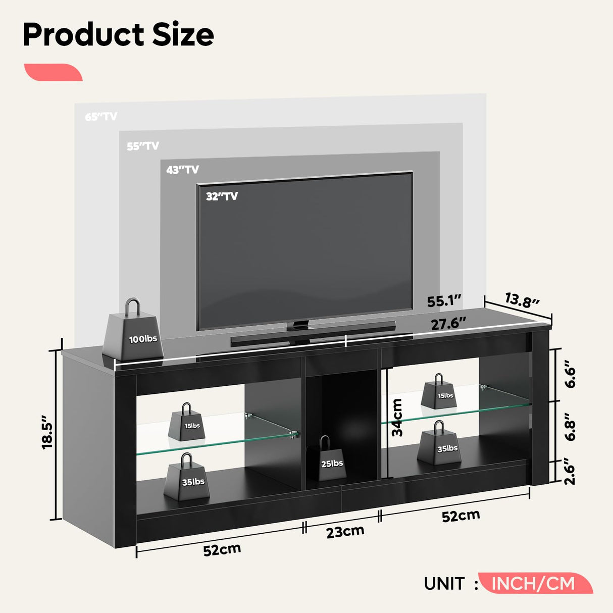 Bestier Modern TV Stand for 55 60 inch TV with LED Lights, High Gloss Entertainment Center TV Console Table with Storage Shelves for Living Room, Glossy Black Bestier