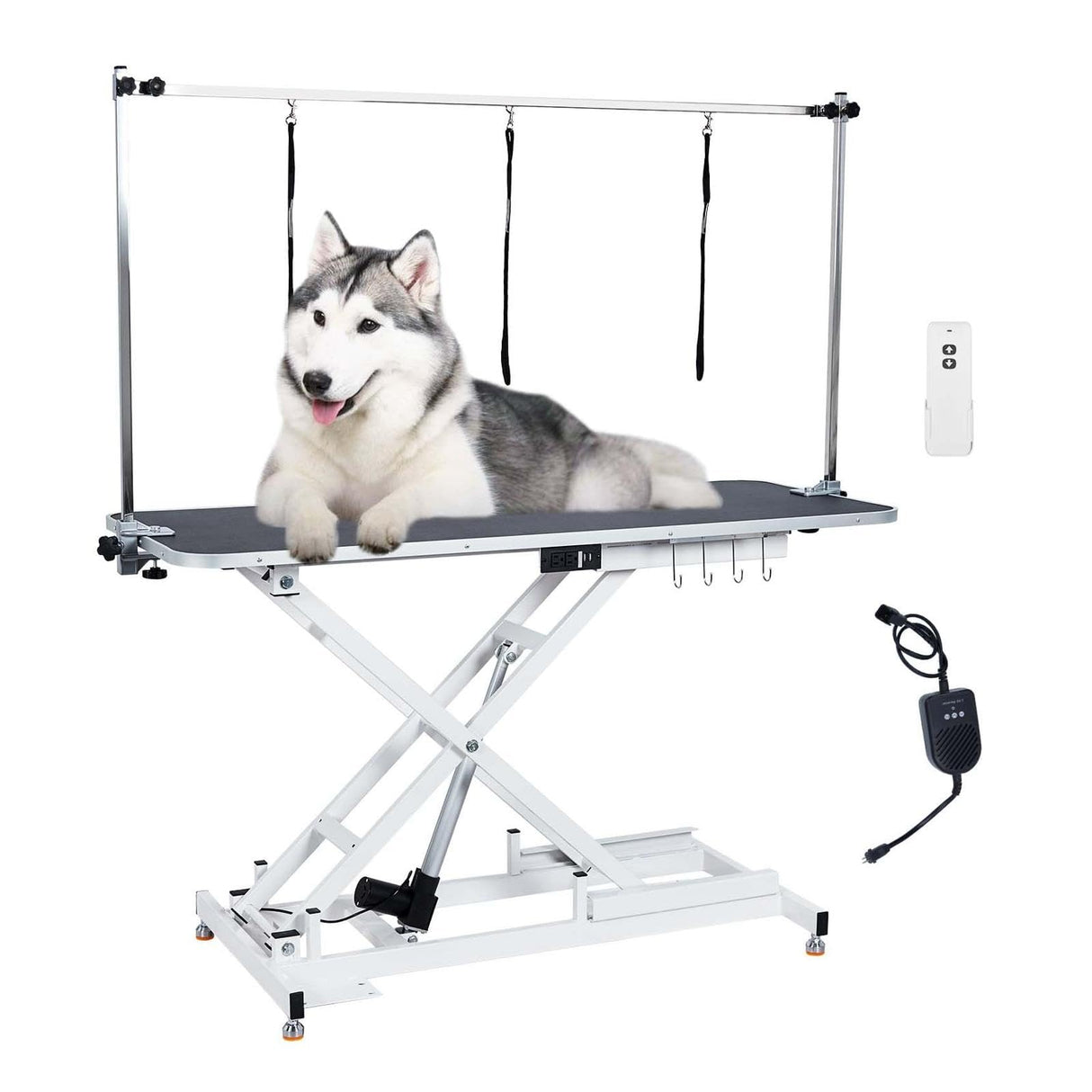 48" Electric Dog Grooming Table - Spacious & Sturdy Design, Functional Features, & Reliable - Adjustable Height, Wireless Remote, 330Lb Capacity - Anti-Slip Wheels, White MERXENG
