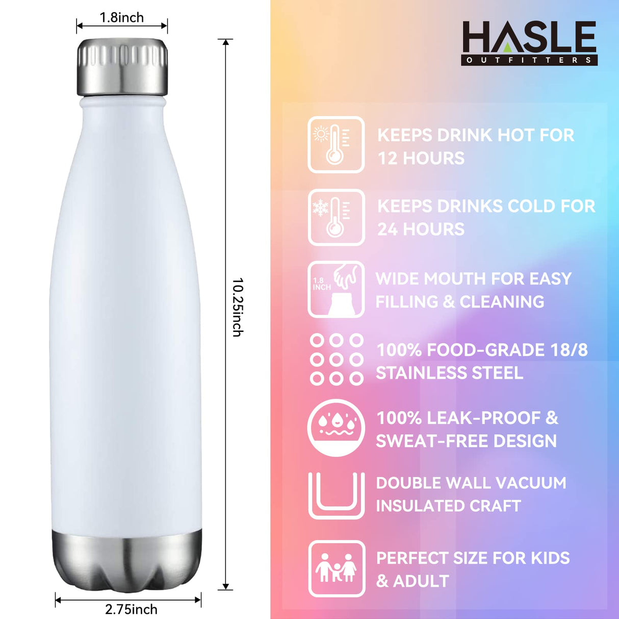 HASLE OUTFITTERS 17oz Stainless Steel Water Bottles Bulk, Vacuum Insulated Water Bottles Double Walled Powder Coated Reusable Metal Sports Water Bottles Keep Drinks Hot and Cold, White, 8Packs HASLE OUTFITTERS