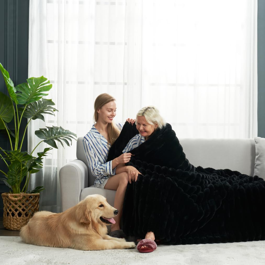 Cozy Bliss Faux Fur Throw Blanket for Couch, Cozy Warm Plush Striped Blanket for Sofa Bedroom Living Room, 50 * 60 Inches Black Cozy Bliss