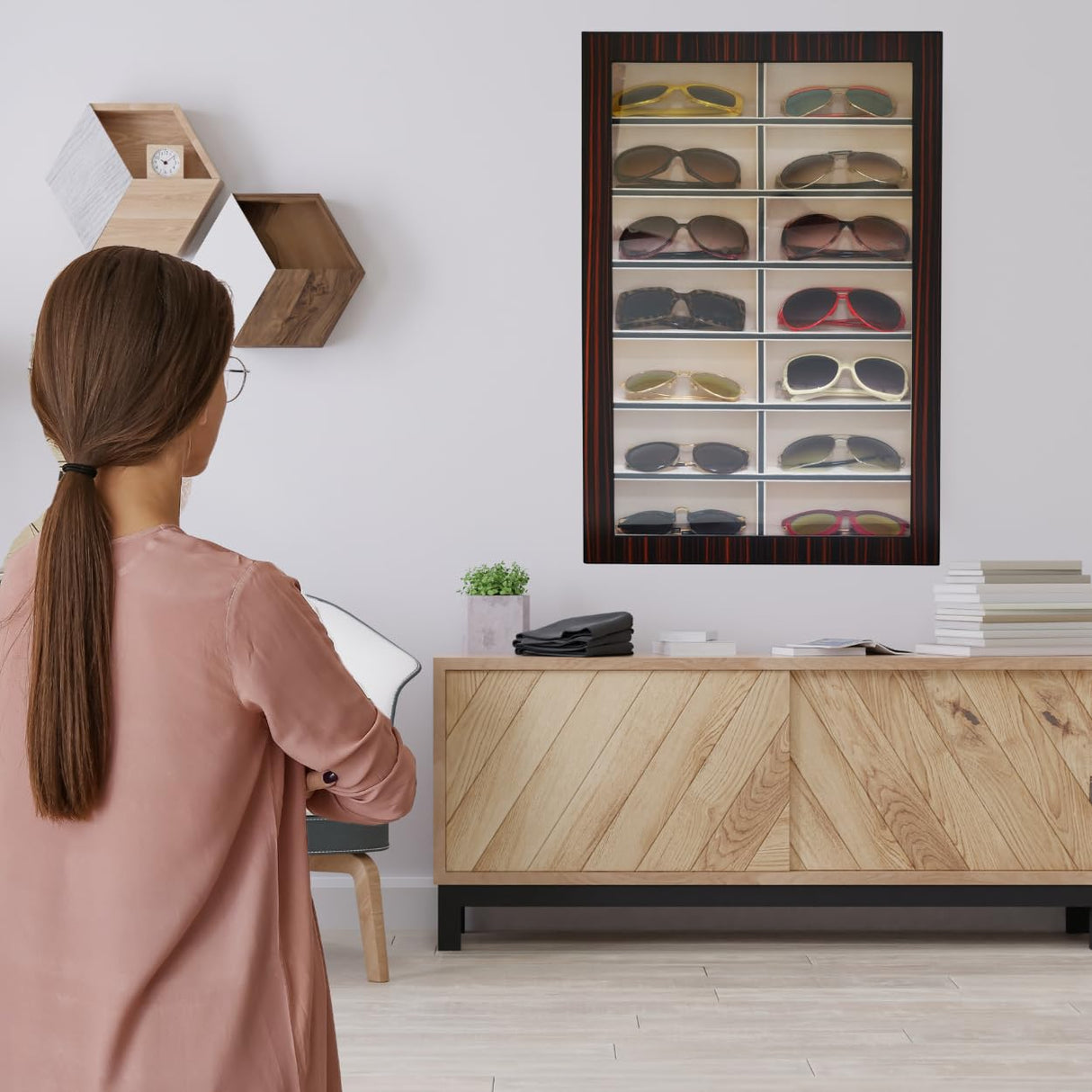 TIMELYBUYS 14 Piece Large Ebony Wood Eyeglass Sunglass Display Wall Hanging Case and Storage Organizer Box and Stand TIMELYBUYS