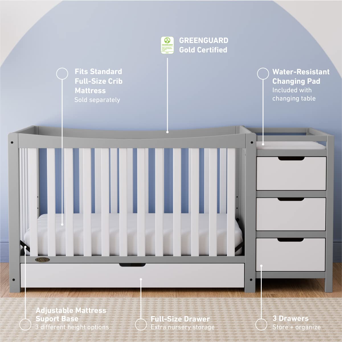 Graco Remi 4-In-1 Convertible Crib & Changer With Drawer (Pebble Gray & White) – GREENGUARD Gold Certified, Crib And Changing-Table Combo, Includes Changing Pad, Converts To Toddler Bed, Full-Size Bed Graco