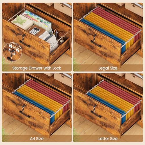 SEDETA 56.7" L Shaped Standing Desk, Reversible Computer Office Desk with Drawers & Hutch, Stand Up Corner Gaming Desks with LED Lights & Power Outlets for Home Office, Rustic Brown SEDETA