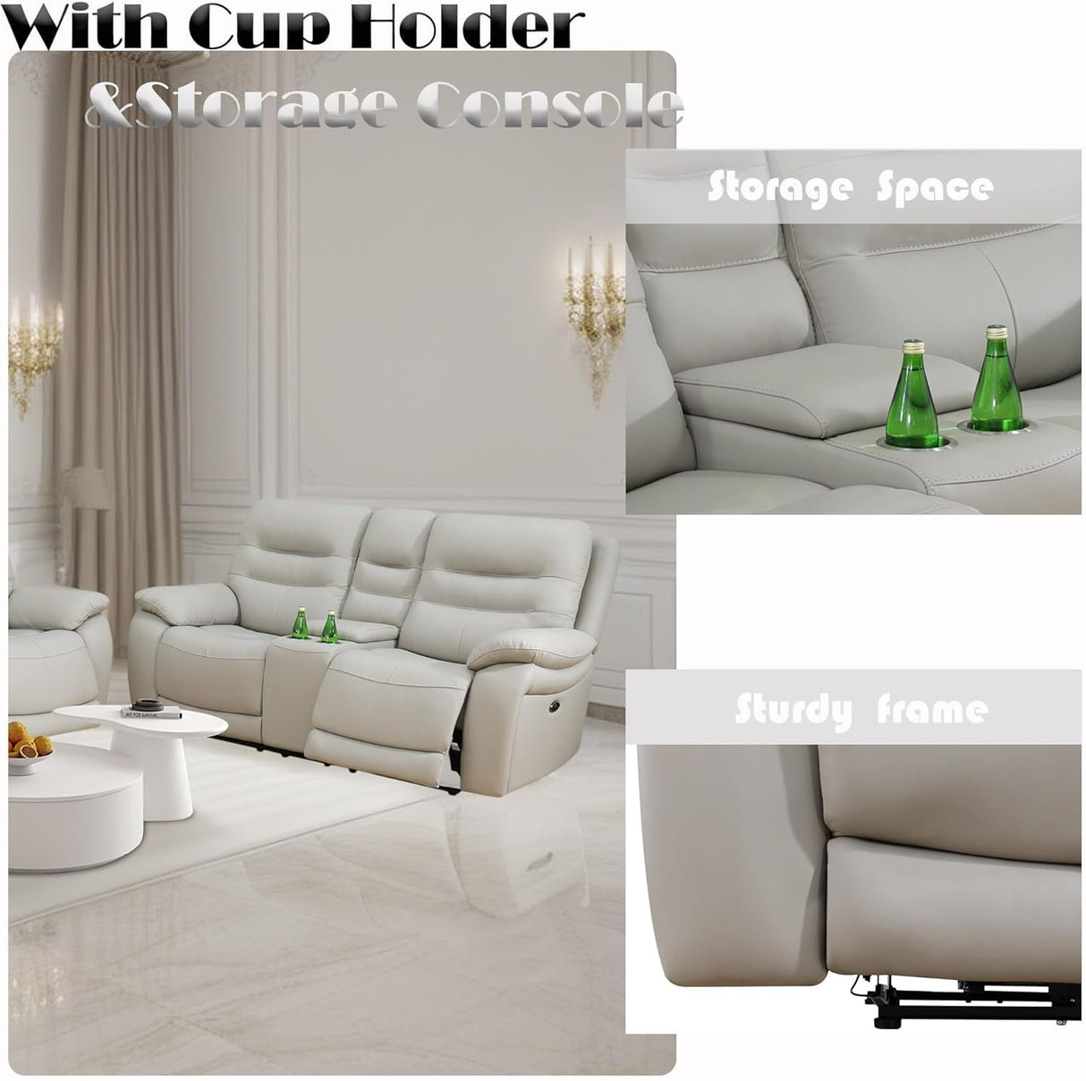 Genuine Leather Recliner Couch Set, Power Reclining Sofa Set 3 Pieces Top Grain Leather Sofa with Built in USB Port for Living Room(Light Grey) (Sofa+Loveseat+Chair) Pon Living Furniture Inc