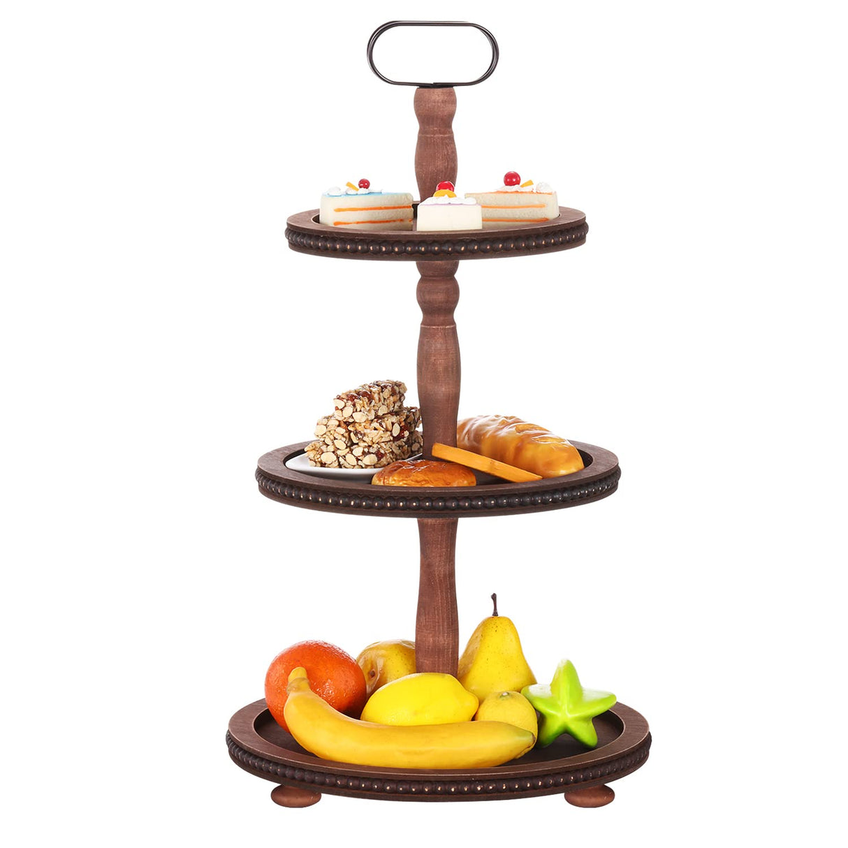 Urban Deco Wooden Tiered Tray 3-Tier Decorative Tray Stand Farmhouse Serving Tray, Round Wooden Cupcake Display Stand with Metal Handle, Brown Tiered Fruits Tray for Home Party Decorations Urban Deco