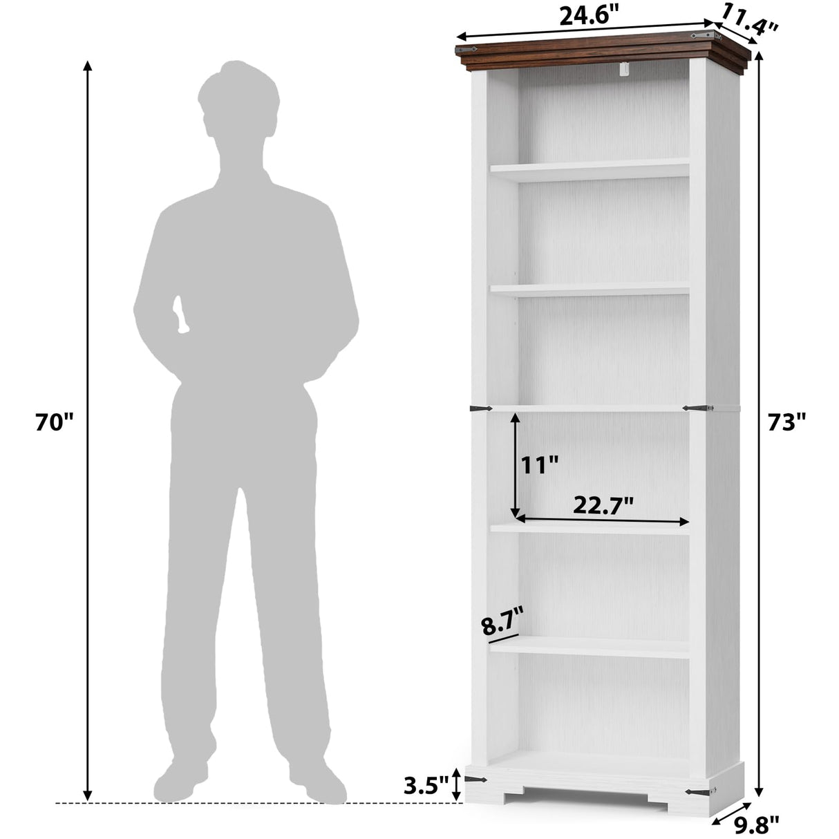 HOTLUU 6-Tier Farmhouse Bookshelf, 73 inch Tall Book Shelf with Unique Design & 2 Adjustable Shelves, Wooden Bookshelf for Study Room, Living Room, Kitchen, Bedroom (White) HOTLUU