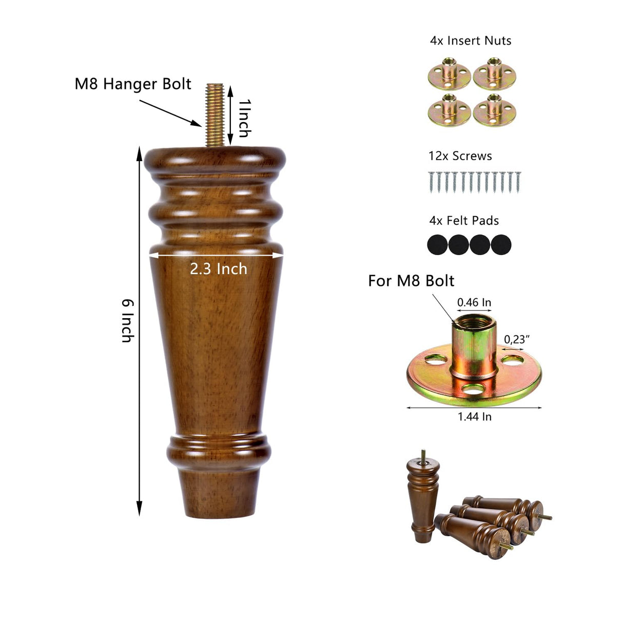 Maricome Wood Furniture Legs 6 inch Replacement Feet for Ottoman Chair Cabinet Dresser Mid Century Turned Set of 4 Screw in Maricome