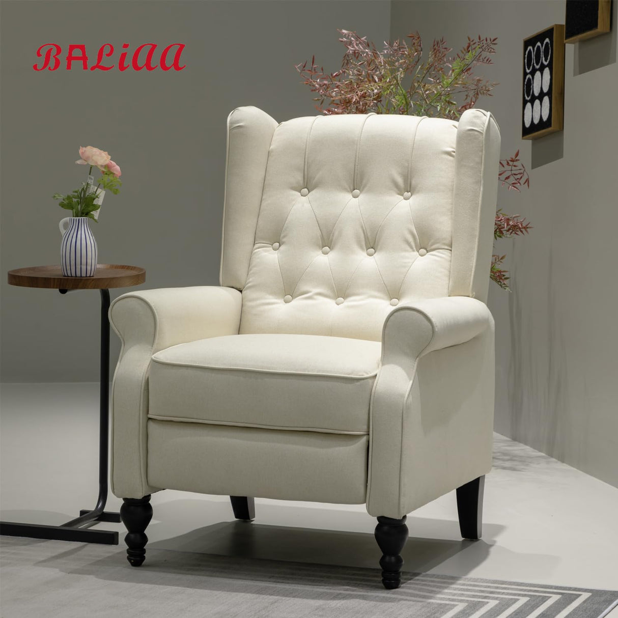 Mid Century Wingback Recliner Chair for Adults, Modern Linen Fabric Push Back Recliner Chairs with Button Tufted Upholstered Back & Footrest, Manual Recliner Chais for Living Room, Nursery, Beige BALIAA