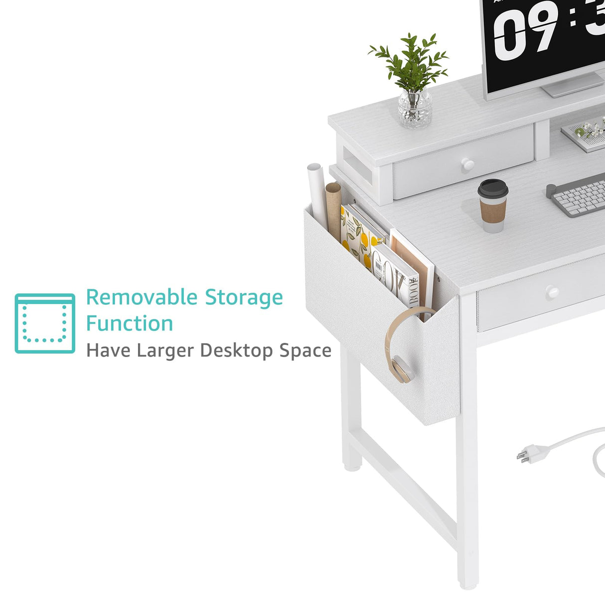 Lufeiya White Computer Desk with Fabric Drawers for Home Office, 40 inch Vanity Makeup Desk with Drawers Storage for Bedroom, Writing Study Table with Power Outlet & Monitor Stand, White Lufeiya