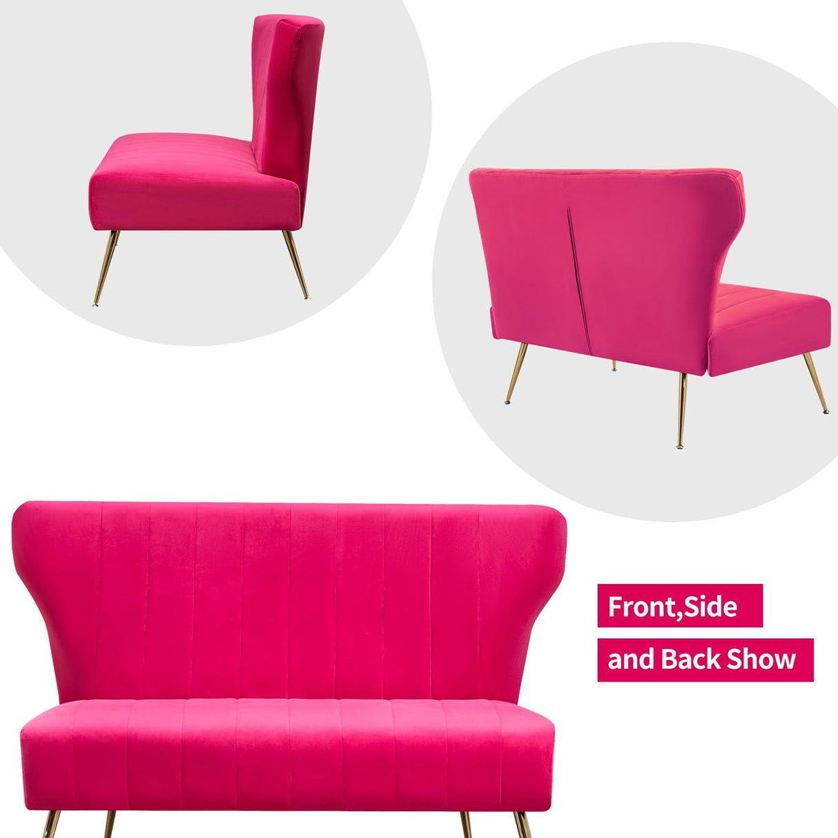 WQSLHX 50’’ Velvet Modern Armless Loveseat Sofa, Upholstered Small Wingback Couch Sofa with Golden Metal Legs, 2 Seater Tufted Couch for Bedroom, Apartment Small Space WQSLHX