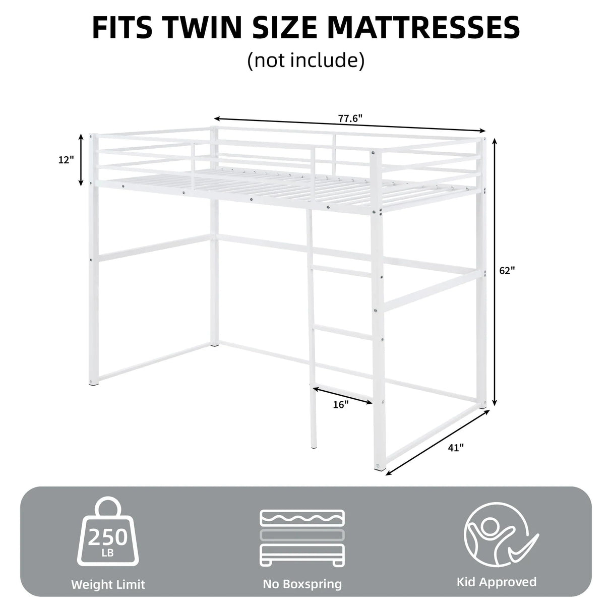 Suwopmvy Heavy Duty Metal Loft Bed Frame Twin Size with Safety Guard Rails & Built-in Ladder - Sturdy Space Saving Loft Bed for Kids, Teens, Adults, College Dorm, Studio Apartment (White, Twin) Suwopmvy