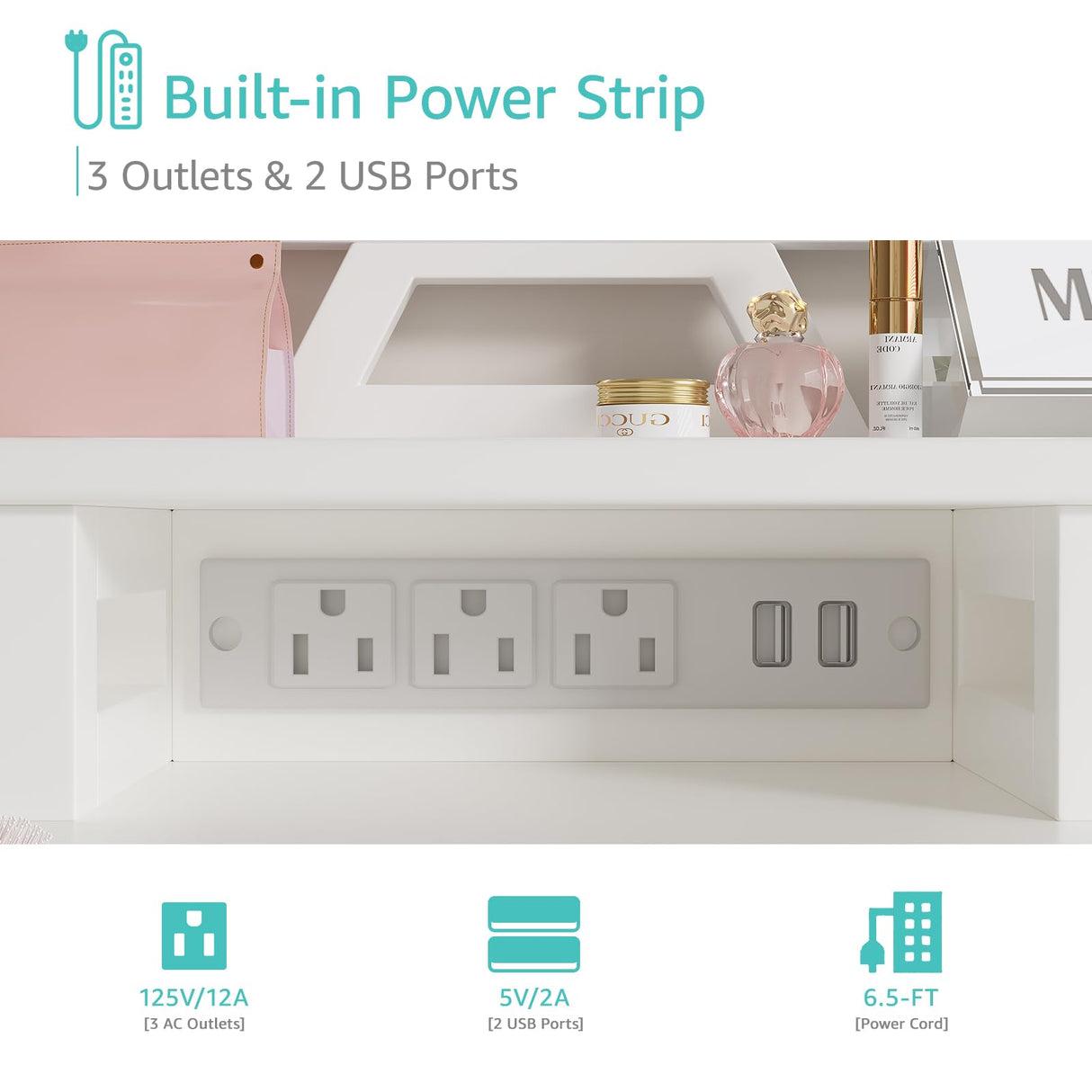 KAI-ROAD White Makeup Vanity Desk with Mirror and Lights, 40 inch Girls Vanity Set with Chair, Make Up Dresser Table with Drawers and Power Outlet for Bedroom Small Space KAI-ROAD