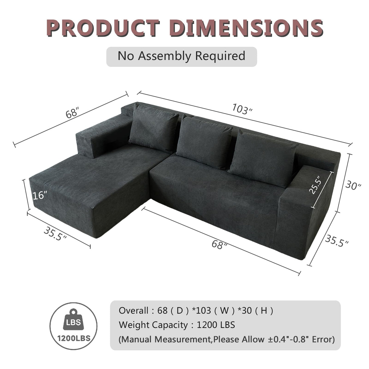 ANONER 103” Modular Sectional Sofa - L Shaped Upholstered Cloud Couch, Free Combination Deep Seat Corner Sofa, Sectional Couches for Living Room, Modern Minimalist Couch, Dark Grey ANONER