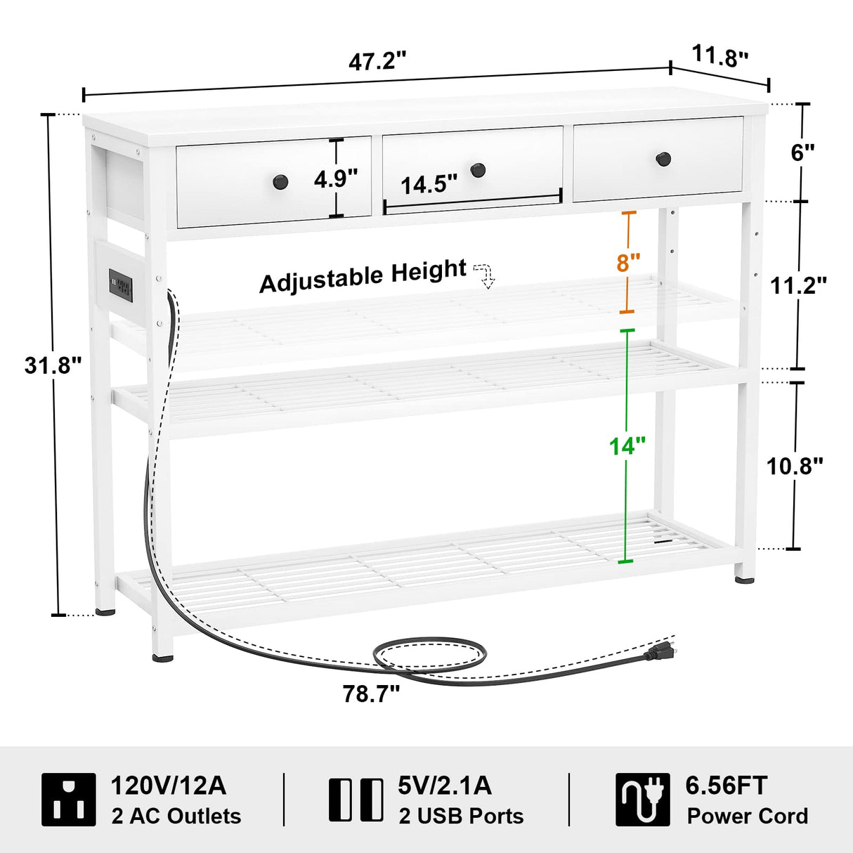 Ecoprsio 47'' Entryway Table with Outlets and USB Ports, Console Table with 3 Drawers, Sofa Table Narrow Long with Storage Shelves for Living Room, Couch, Hallway, Foyer, Kitchen Counter, White Ecoprsio