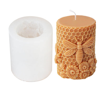 Xidmold Bee Honeycomb Flower Cylinder Candle Mold, Honeybee Beehive Pillar Silicone Mold for Beeswax Candle, Soy Wax Candle, Plaster Ornament, DIY Crafts (B)