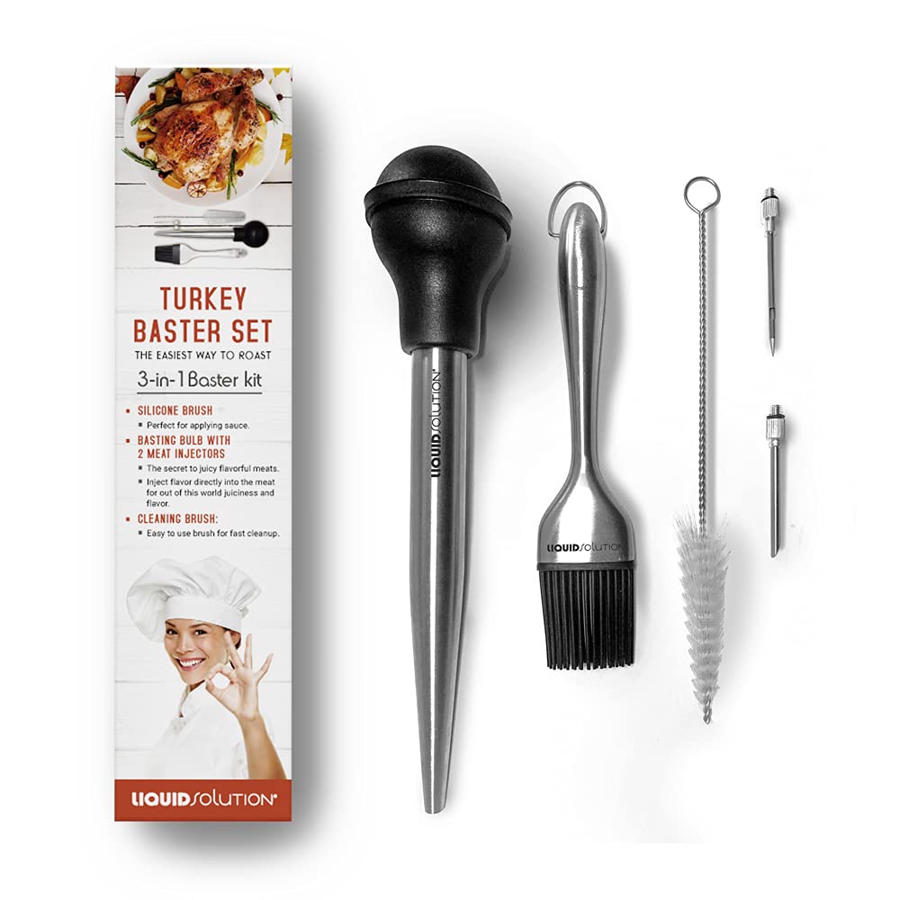 Liquid Solution Turkey Baster 5 Piece Set, Includes Baster for Cooking, Barbecue Basting Brush, Flavor Injector with Cleaning Brush - Perfect for Thanksgiving or Regular Cookout Liquid Solution