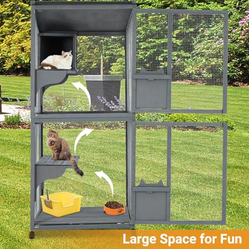 Cat Patio Enclosure, 69" Large Indoor Outdoor Catio Cage with Waterproof Roof, Lockable Wheels, Resting Cabin & Platforms for Multi-Cat Families, Weatherproof Catios PeacefulHues