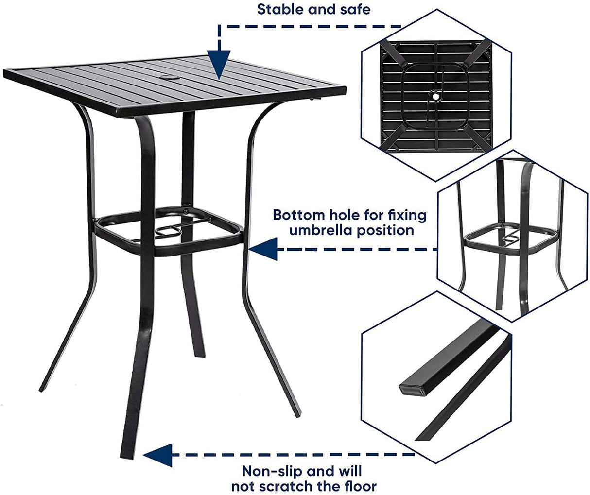 Omelaza Patio Height Bar Table, Outdoor Bistro Square High Top Dining Table with 1.57'' Umbrella Hole & Steel Slat Table Top (Black) Omelaza