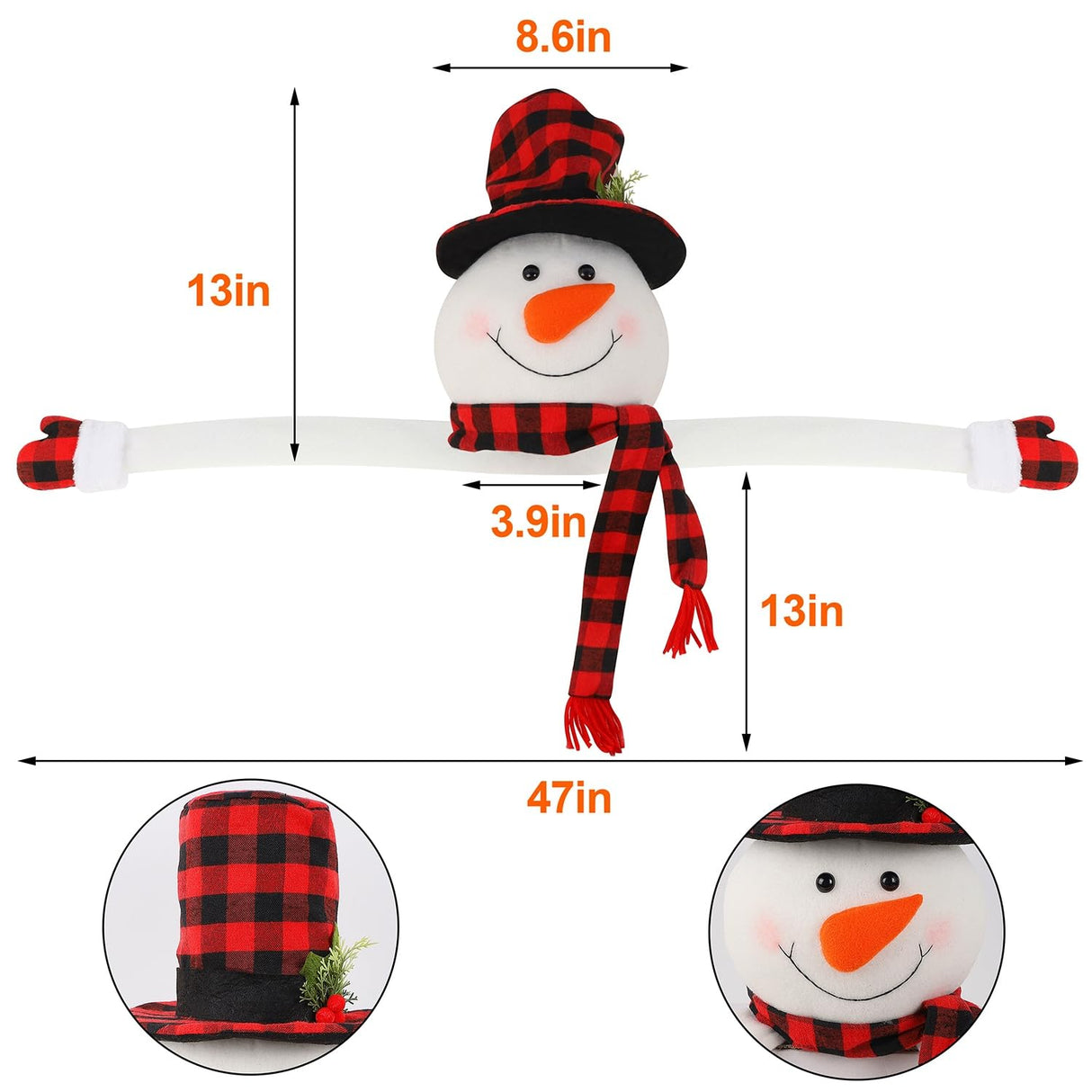 Juegoal Christmas Snowman Tree Topper, Large Plush Snowman Treetop Hugger with Red Black Plaid Top Hat & Scarf, Xmas Tree Ornament Supplies Holiday Winter Home Wonderland Party Decorations Juegoal