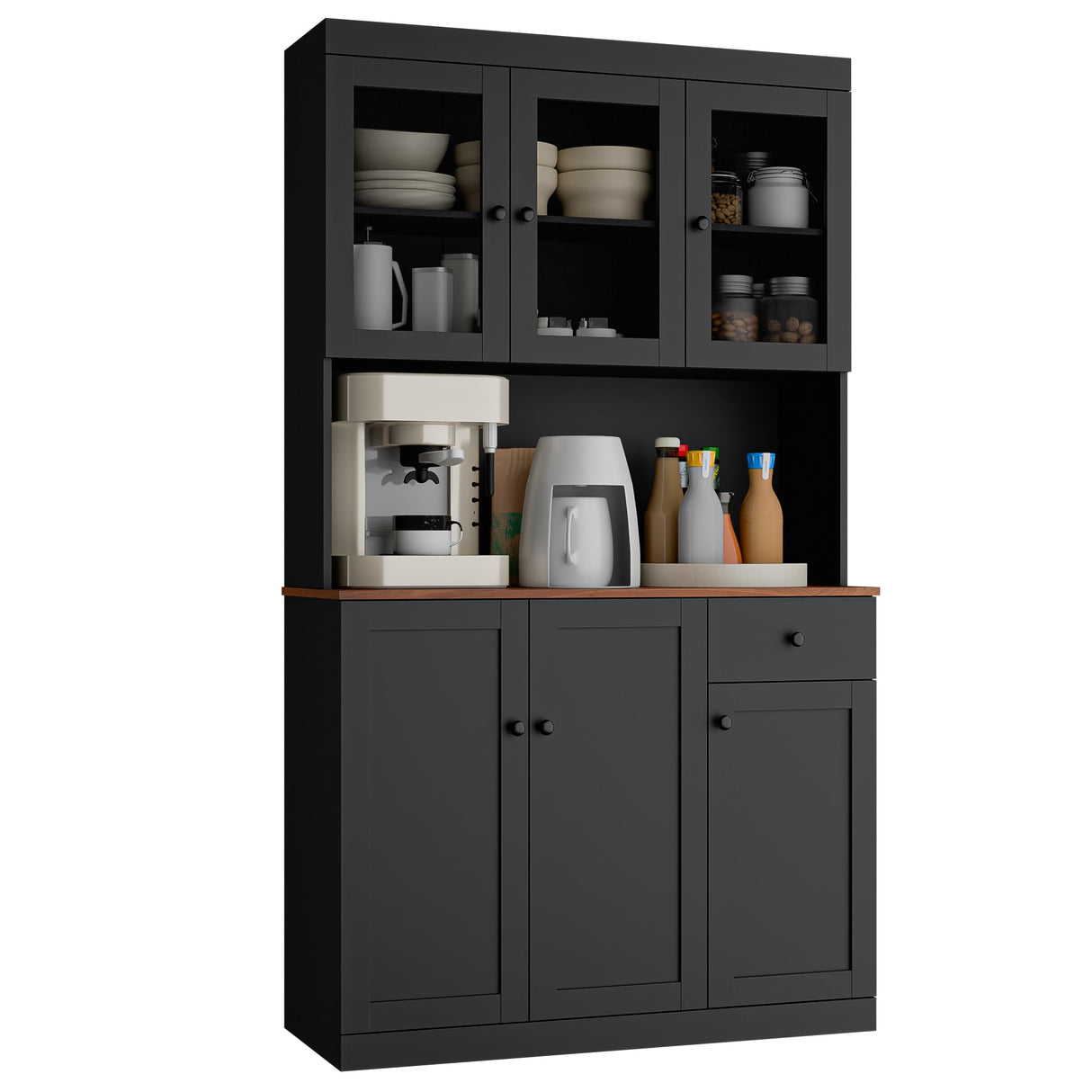 Cozy Castle Tall Kitchen Pantry Cabinet with Microwave Shelf, Modern Large Freestanding Sideboard Cupboard Kitchen Hutch Cabinet with Storage Countertop and Drawer for Dining Room, Living Room, Black Cozy Castle