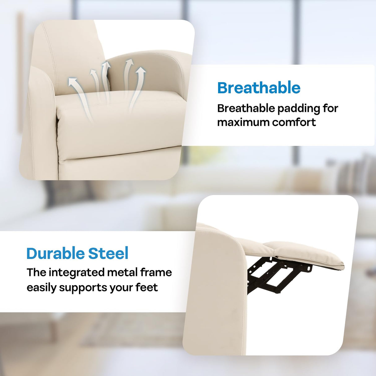 Dopinmin Recliner Chair PU Leather Reclining Sofa Lounge Home Theater Seating with Lumbar Support Overstuffed High-Density Sponge Push Back Recliners Armchair for Living Room,Beige Dopinmin