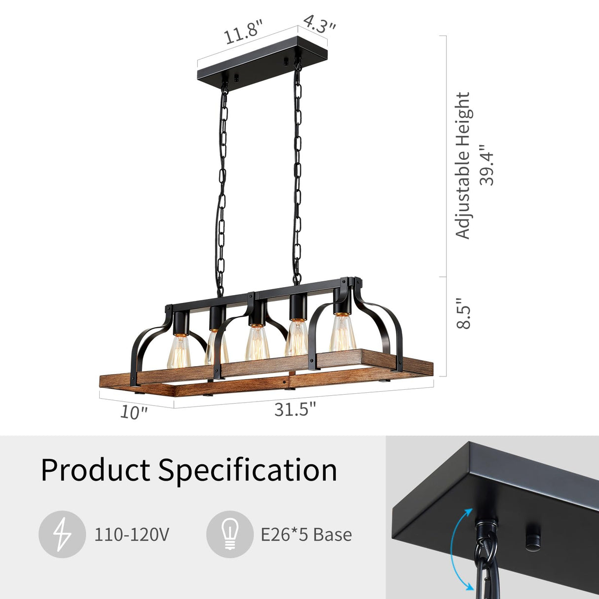 WUZUPS 5-Light Metal Chandelier Imitation Wood Grain Linear Pendant Ceiling Lighting Rustic Farmhouse Fixture Kitchen Island Dining Room, H 8.5" L 31.5" W10, E26 Base, Black & Retro Wood WUZUPS