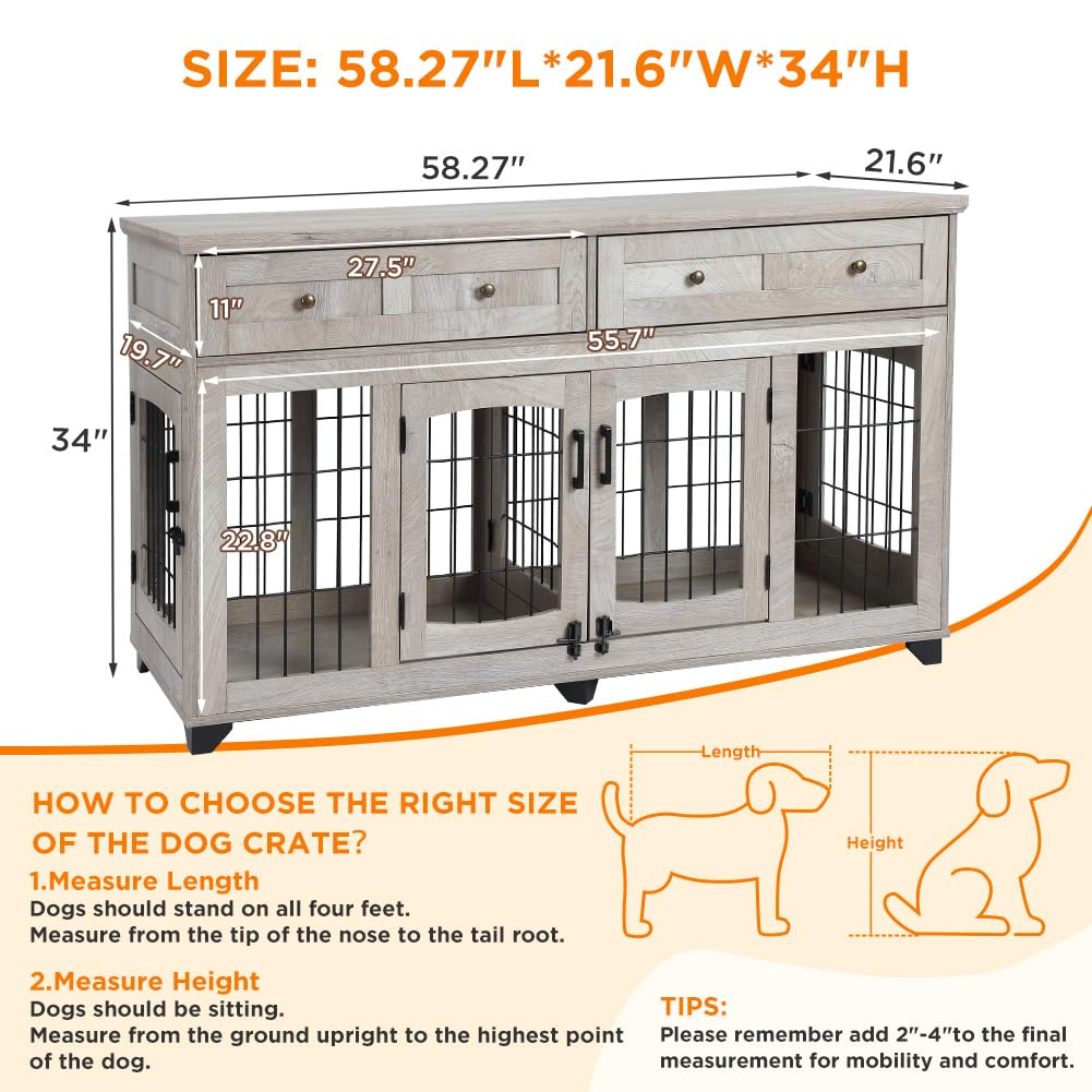 Dog Crate Furniture with 5 Doors,58" Wooden Dog Kennel End Table with Large Capacity Drawers,Dog House with Openable Divider for Small/Medium/Large Dog,Dog Cage,Side End Table,Rustic Grey LALFPET