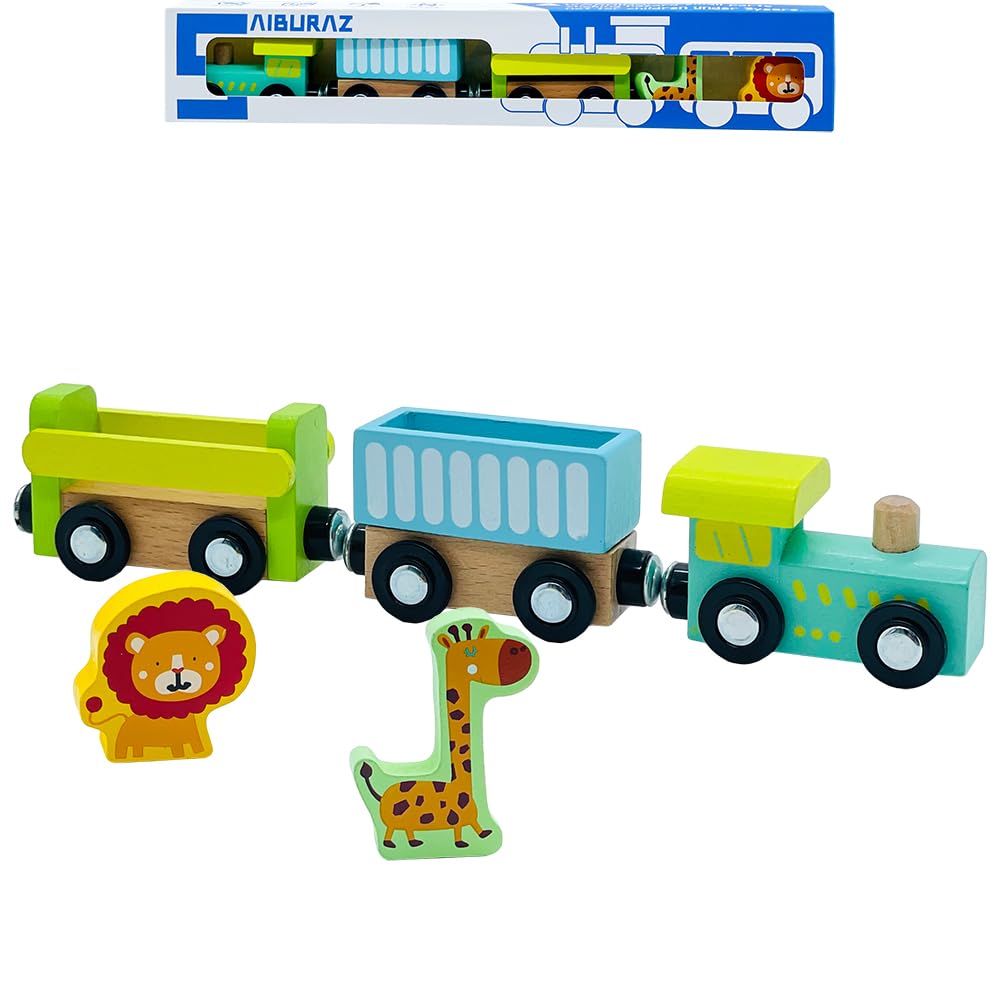 Wooden Trains Cars with Crane Magnetic Train Toys for Wooden Train Tracks Train Sets for Toddlers and Kids Ages 3+ (Zoo Train) SAIBURAZ